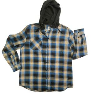 Swiss Well Mens XL Hooded Flannel Shirt Blue Tan Plaid Button‎ Down Hooded